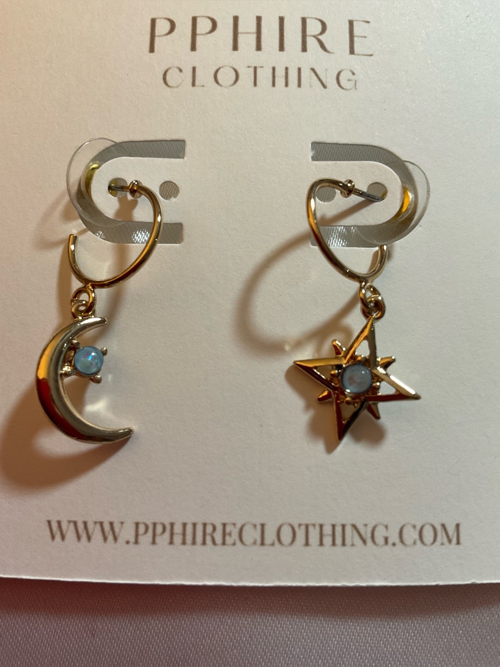 Selene Gold Moon & Star Drop Earrings with Blue Accent
